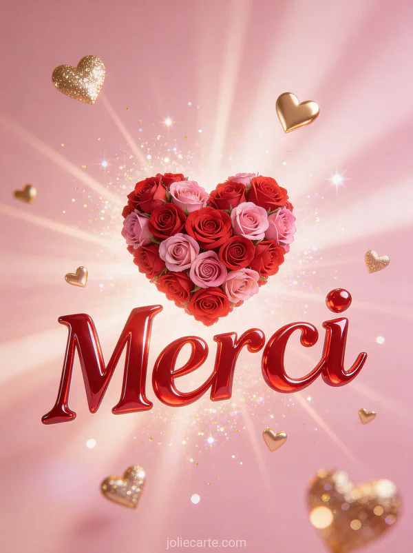 Grand coeur rouge fait de petites roses avec paillettes et coeurs dorés flottants avec le texte Merci