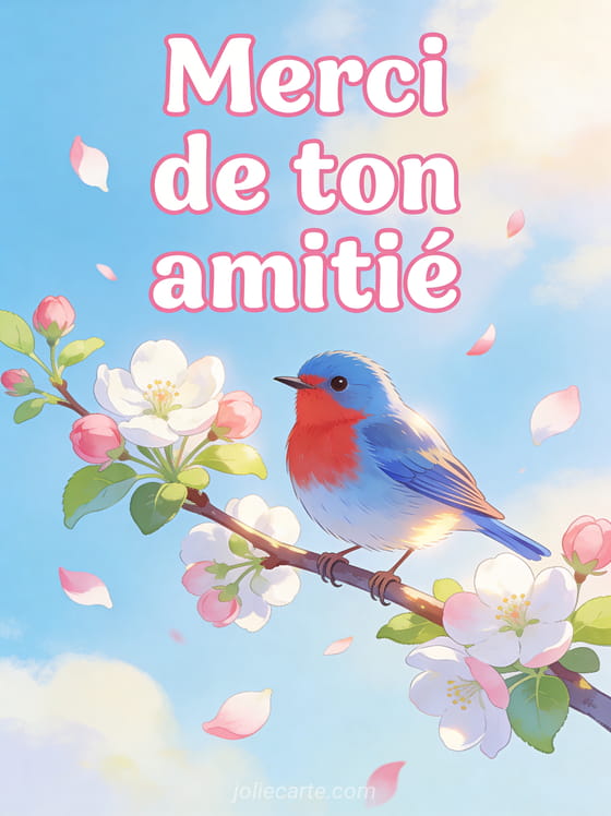 Oiseau rouge-gorge posé sur une branche de pommier en fleurs avec pétales blancs et roses sur fond bleu ciel