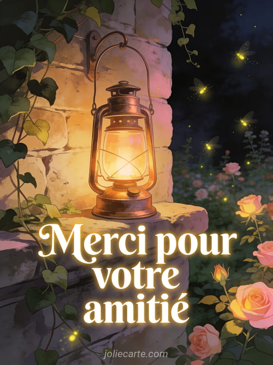 Lanterne ancienne en cuivre allumée sur un muret en pierre avec lierre et jardin romantique avec roses