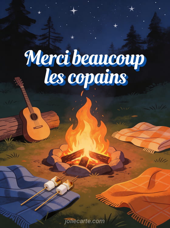 Feu de camp chaleureux avec guimauves grillées guitare et couvertures sous un ciel étoilé