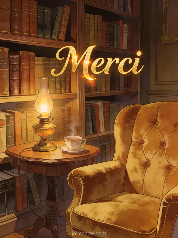 Bibliothèque ancienne avec livres reliés en cuir, lampe à huile, tasse de thé et fauteuil en velours avec le texte Merci