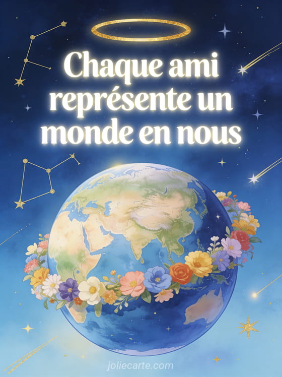 Globe terrestre stylisé entouré de guirlandes de fleurs avec constellations dorées et étoiles filantes