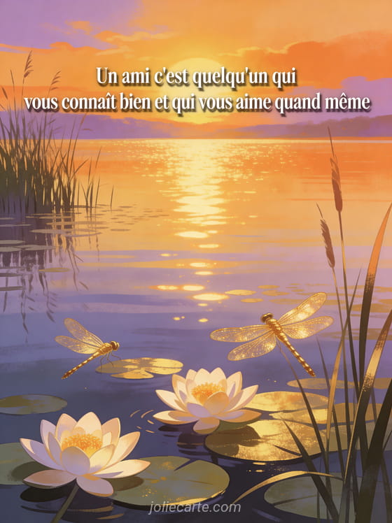 Coucher de soleil doré sur un lac calme avec nénuphars en fleurs et libellules dorées