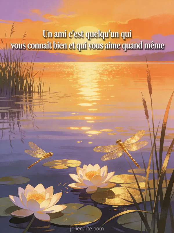 Coucher de soleil doré sur un lac calme avec nénuphars en fleurs et libellules dorées