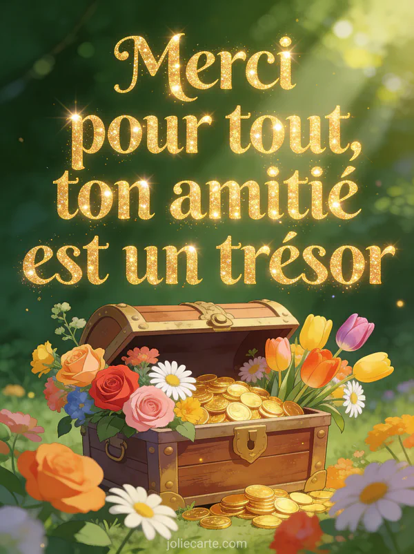 Coffre au trésor ouvert débordant de fleurs colorées avec roses, tulipes et marguerites dans une forêt ensoleillée