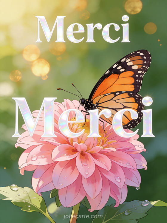 Papillon monarque aux ailes orangées posé sur une fleur de dahlia rose avec gouttes de rosée et bokeh doré