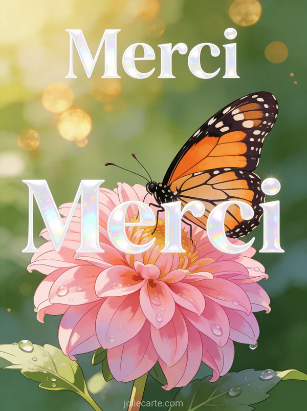 Papillon monarque aux ailes orangées posé sur une fleur de dahlia rose avec gouttes de rosée et bokeh doré