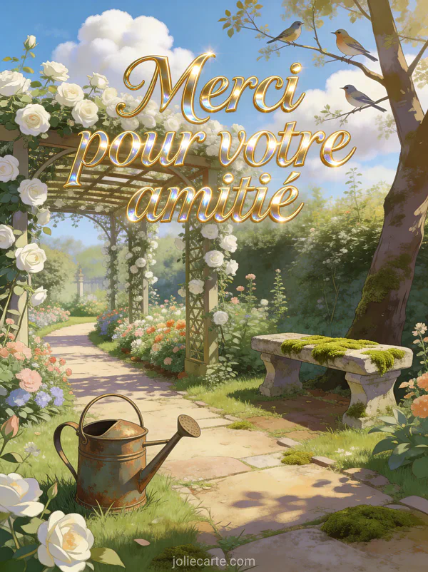 Jardin anglais avec allées fleuries tonnelle de roses blanches arrosoir vintage et banc en pierre moussu