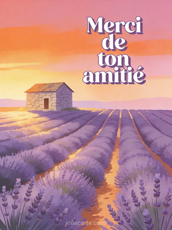 Champ de lavande en Provence au coucher du soleil avec rangs violets petit cabanon en pierre et ciel orangé