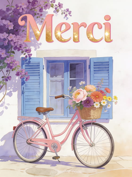 Vélo vintage rose avec panier rempli de pivoines dahlias et renoncules devant un mur blanc aux volets bleus