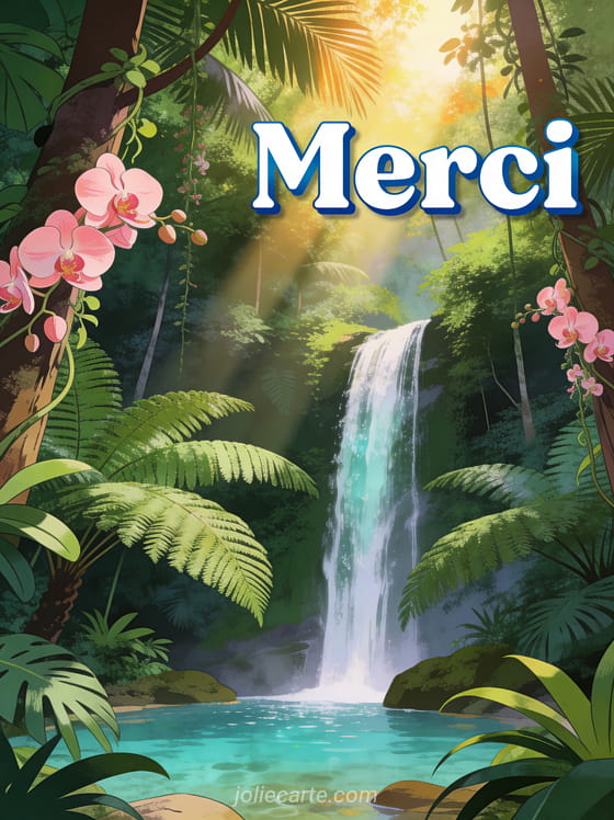 Cascade dans une forêt tropicale luxuriante avec eau cristalline fougères géantes et orchidées sauvages roses