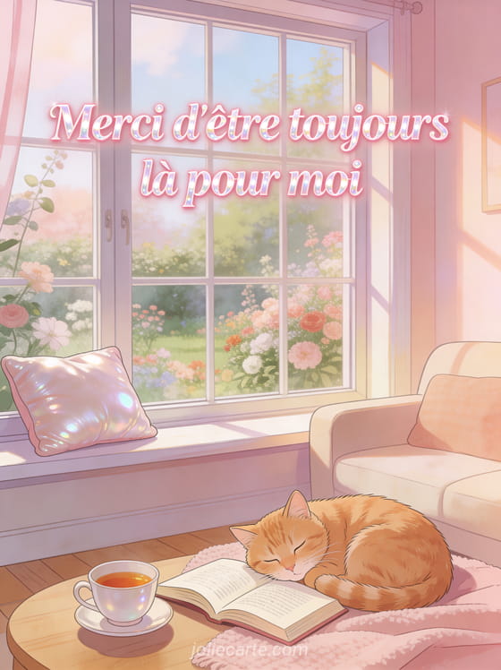 Salon cosy avec fenêtre donnant sur un jardin fleuri, coussin, tasse de thé et chat roux endormi avec le texte Merci d'être toujours là pour moi