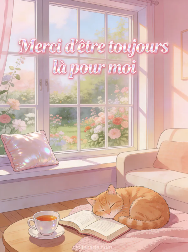 Salon cosy avec fenêtre donnant sur un jardin fleuri, coussin, tasse de thé et chat roux endormi avec le texte Merci d'être toujours là pour moi