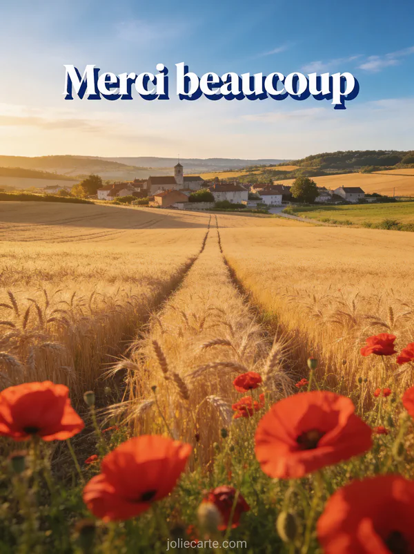 Paysage de campagne française avec champs de blé dorés, coquelicots rouges et petit village sous un grand ciel bleu avec le texte Merci beaucoup