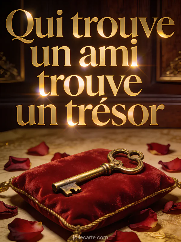 Clé ancienne en or posée sur un coussin de velours rouge au milieu de pétales de roses avec éclairage doré