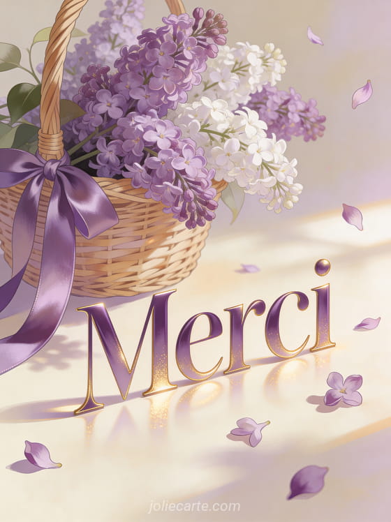 Bouquet de lilas violets et blancs dans un panier en osier avec ruban de soie mauve et pétales sur fond crème