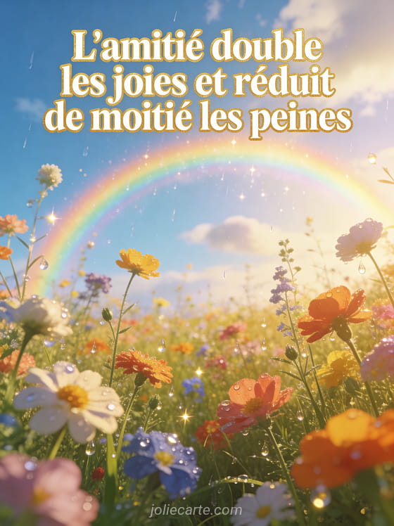 Arc-en-ciel lumineux au-dessus d'un champ de fleurs sauvages multicolores avec gouttes de rosée scintillantes