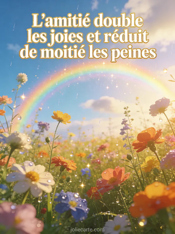 Arc-en-ciel lumineux au-dessus d'un champ de fleurs sauvages multicolores avec gouttes de rosée scintillantes