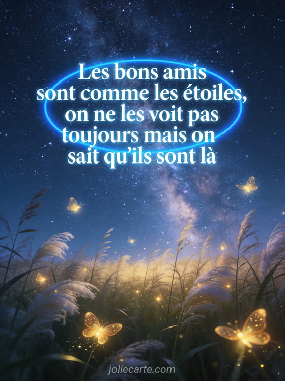 Ciel étoilé avec voie lactée au-dessus d'un pré avec herbes hautes et lucioles dorées dans une ambiance nocturne