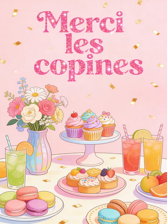 Brunch coloré avec macarons pastel, cupcakes décorés, fleurs fraîches et confettis dorés avec le texte Merci les copines