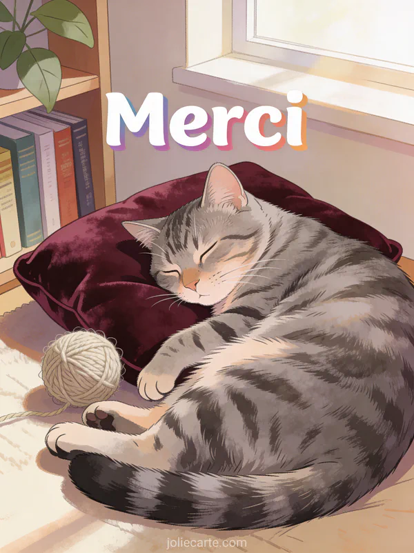 Chat tigré gris endormi sur un coussin de velours bordeaux avec pelote de laine et lumière douce de fenêtre