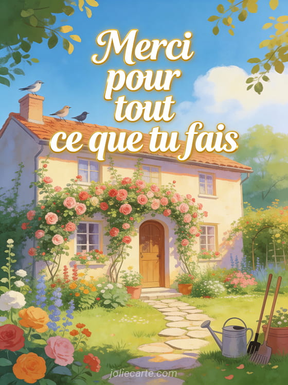 Maison de campagne avec jardin fleuri rosier grimpant chemin de dalles arrosoir et oiseaux sur le toit