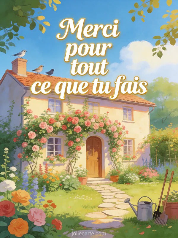 Maison de campagne avec jardin fleuri rosier grimpant chemin de dalles arrosoir et oiseaux sur le toit