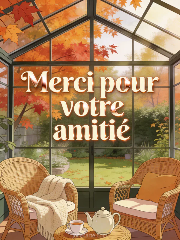 Véranda vitrée avec vue sur un jardin automnal, fauteuils en rotin, plaid en laine et théière avec feuilles d'érable