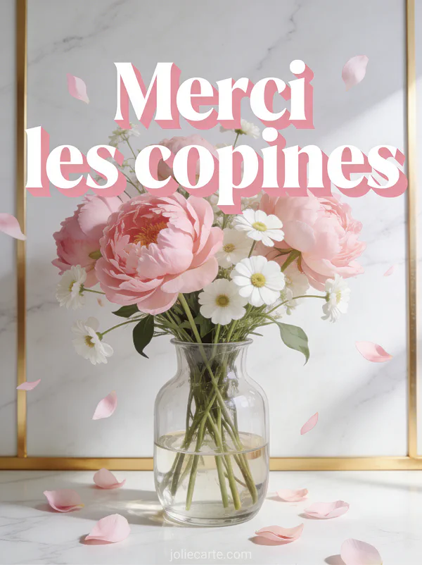 Pivoines roses et renoncules blanches dans un vase en verre transparent sur fond marbre blanc avec pétales dispersés