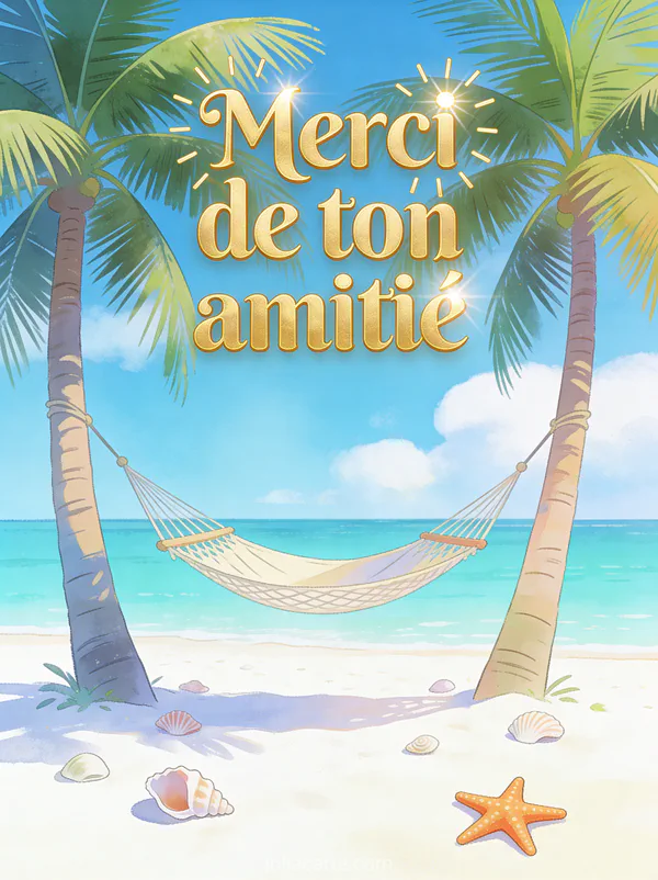 Hamac entre deux palmiers sur une plage de sable blanc avec mer turquoise, coquillages et étoile de mer