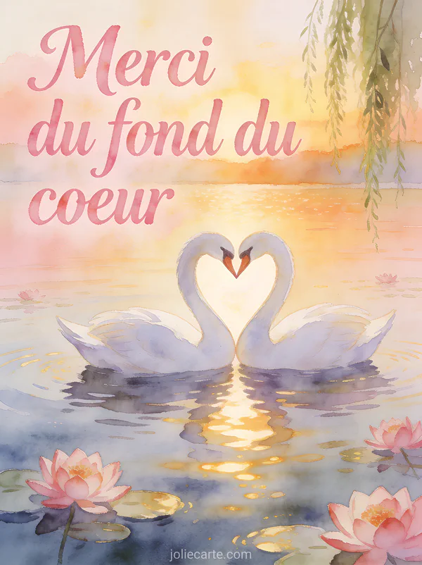 Coeur formé par deux cygnes blancs sur un lac au coucher du soleil avec nénuphars roses et saule pleureur