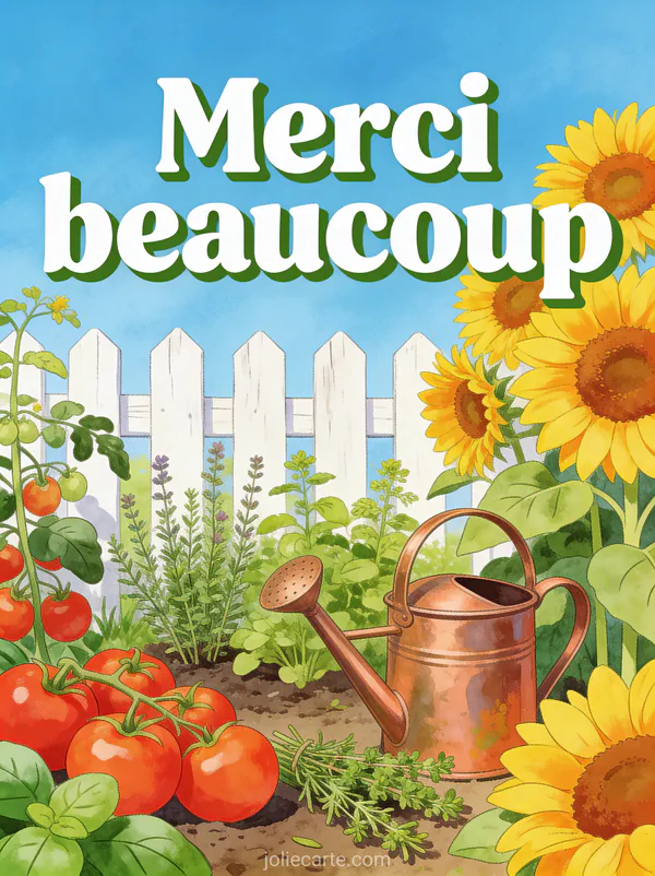 Potager coloré avec tomates rouges, tournesols géants, arrosoir en cuivre et clôture en bois sous un ciel bleu d'été