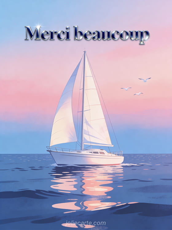 Voilier blanc sur une mer calme au crépuscule avec voiles gonflées, ciel rose et bleu et mouettes en vol