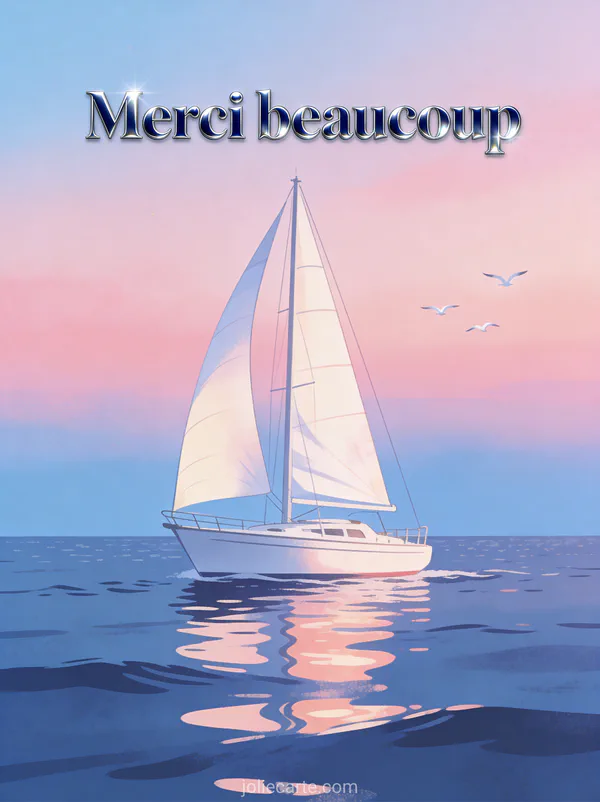 Voilier blanc sur une mer calme au crépuscule avec voiles gonflées, ciel rose et bleu et mouettes en vol