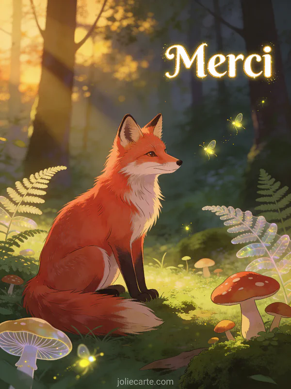 Renard roux assis dans une clairière au crépuscule entouré de champignons et fougères avec lucioles brillantes