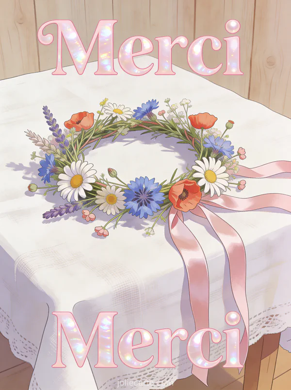 Couronne de fleurs champêtres avec marguerites, bleuets et coquelicots sur nappe en lin blanc avec rubans de satin