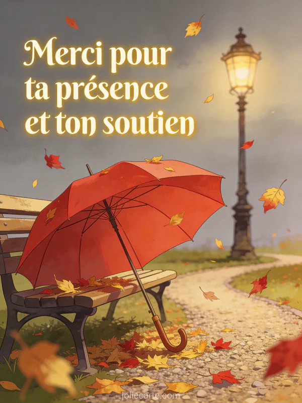 Parapluie rouge sur un banc de parc avec feuilles d'automne dorées et rouges, lampadaire ancien et chemin de gravier