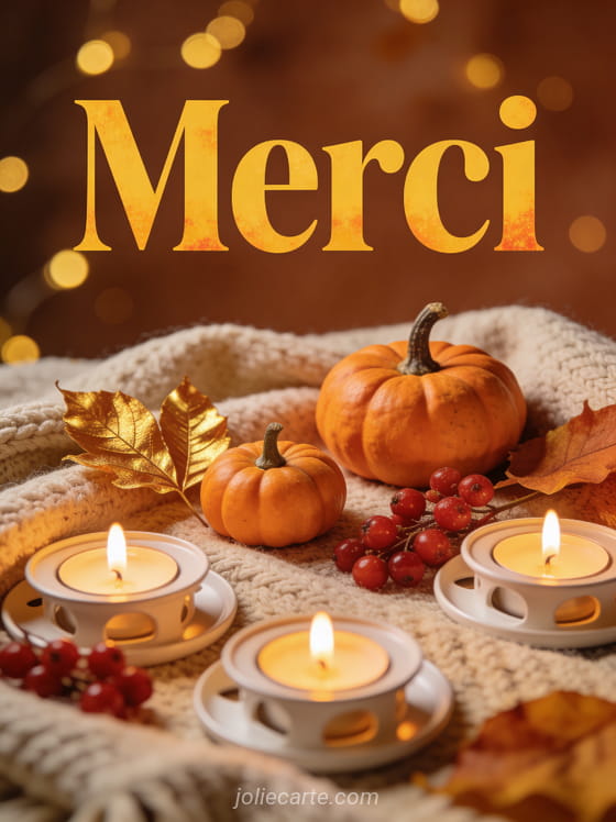 Composition automnale avec citrouilles miniatures, feuilles dorées et baies rouges sur un plaid en laine avec bougies