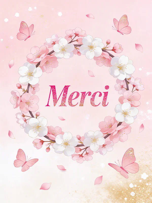 Couronne de fleurs de cerisier roses et blanches avec papillons roses et pétales tombant sur fond rose pâle