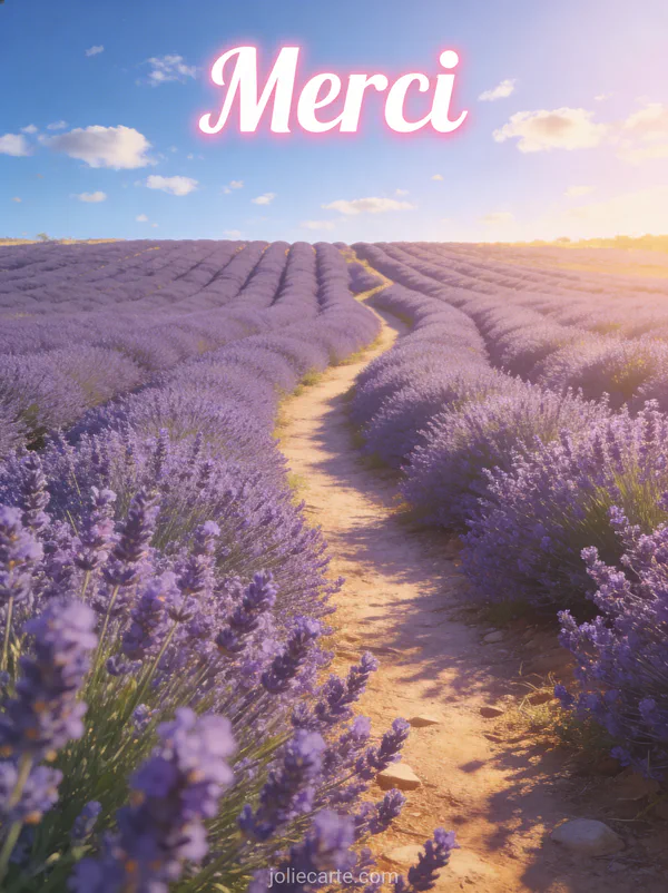 Champ de lavande en fleurs sous un ciel bleu avec sentier sinueux et lumière dorée de fin d'après-midi
