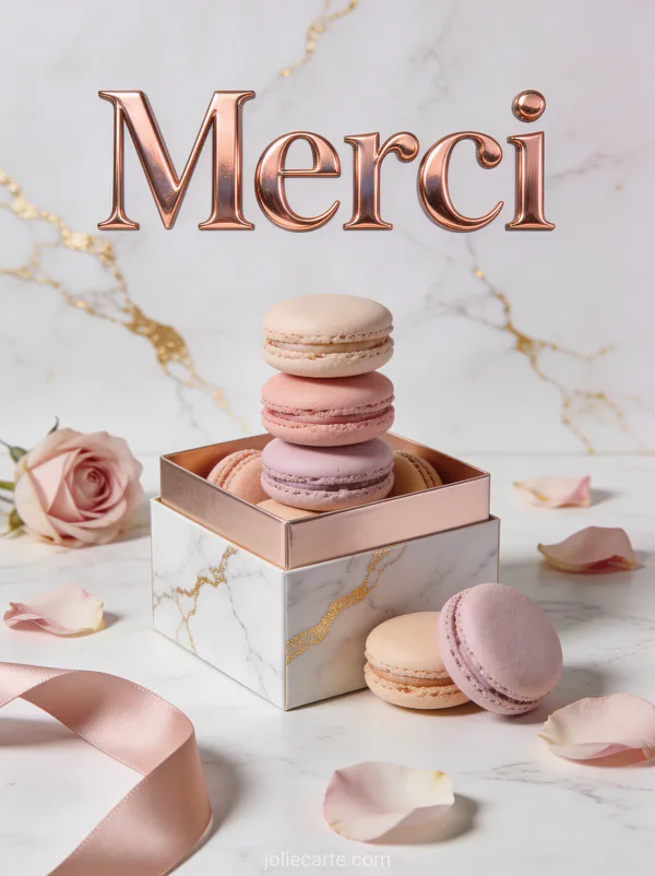 Macarons pastel empilés dans une boîte élégante avec pétales de roses et ruban en satin sur marbre blanc