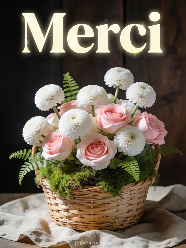 Renoncules blanches et roses dans un panier en osier avec mousse verte et fougères sur fond bois foncé et lin