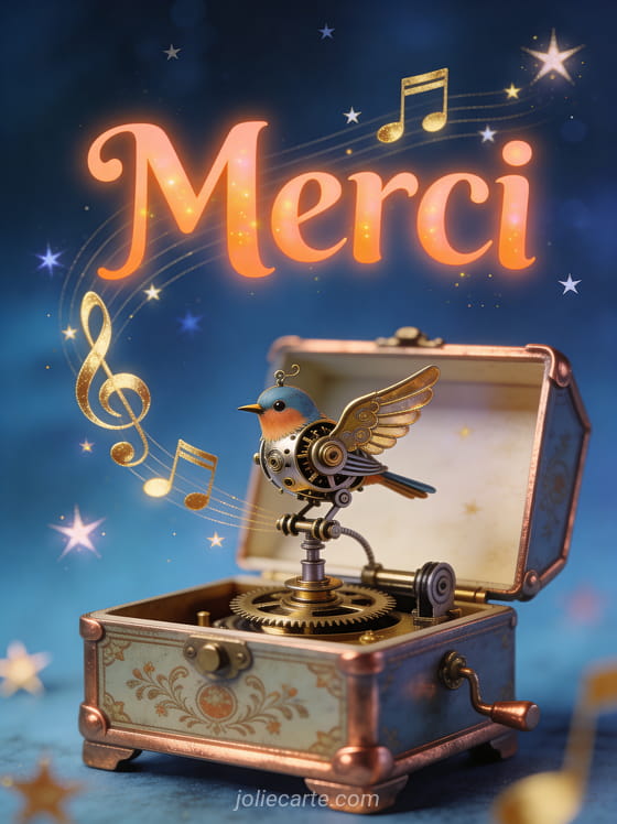 Boîte à musique ouverte avec petit oiseau mécanique et notes de musique dorées sur fond bleu nuit étoilé