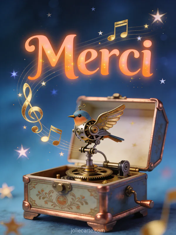 Boîte à musique ouverte avec petit oiseau mécanique et notes de musique dorées sur fond bleu nuit étoilé