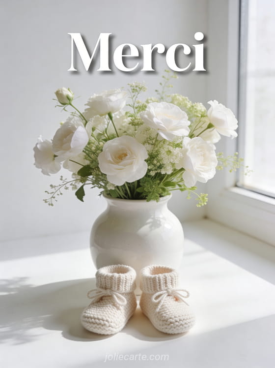 Fleurs blanches dans un vase en céramique avec chaussons de bébé en tricot et lumière de fenêtre douce sur fond blanc
