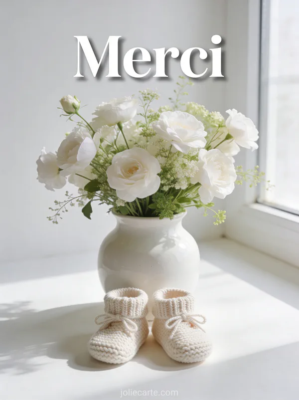 Fleurs blanches dans un vase en céramique avec chaussons de bébé en tricot et lumière de fenêtre douce sur fond blanc