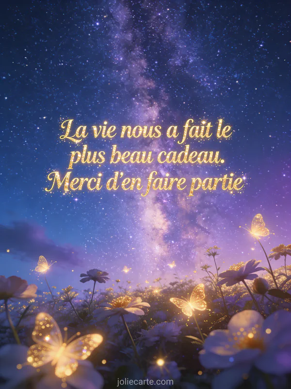 Grand ciel étoilé avec voie lactée au-dessus d'un pré fleuri illuminé par des lucioles dorées