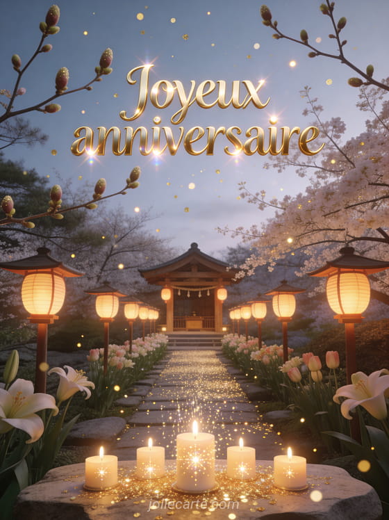 Allée de lanternes japonaises menant à un sanctuaire en bois avec paillettes dorées et le texte Joyeux anniversaire en lettres dorées