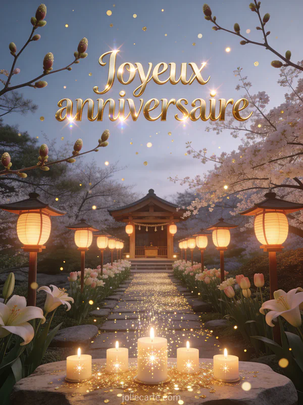 Allée de lanternes japonaises menant à un sanctuaire en bois avec paillettes dorées et le texte Joyeux anniversaire en lettres dorées