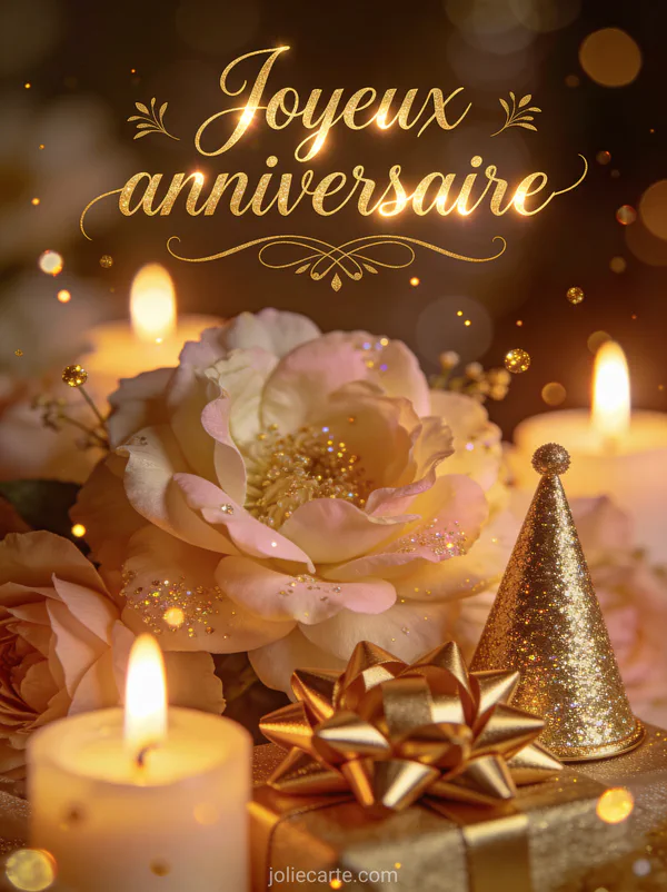 Composition florale en gros plan avec bougies, noeud de cadeau doré et chapeau de fête pailleté avec le texte Joyeux anniversaire